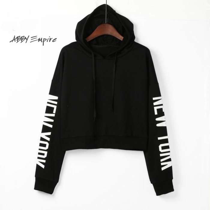 Fleece Cotton Printed NEW YORK Crop Hoodie For Womens1 - HB INDUSTRIES - Hoodies & Sweatshirts - 
