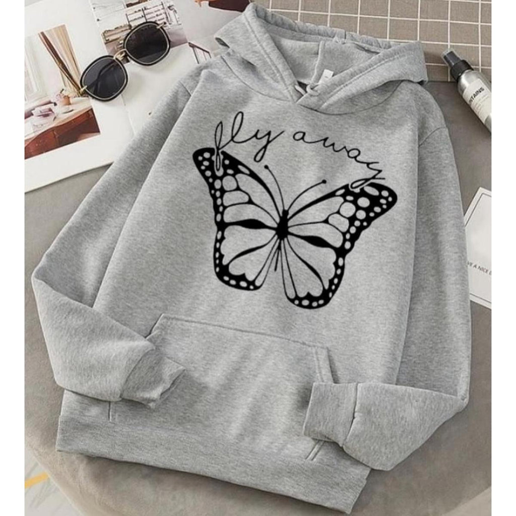 Fly Always Butterfly Grey Fleece Full Sleeves Pull Over Hoodie For Women - HB INDUSTRIES - Hoodies & Sweatshirts - 
