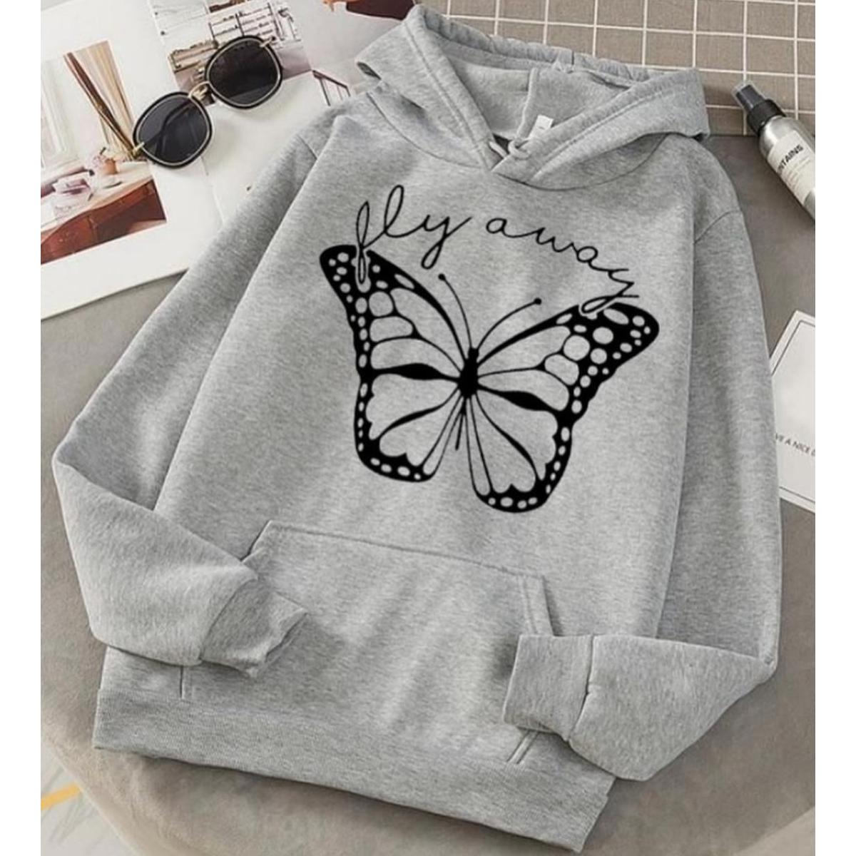 Fly Always Butterfly Grey Fleece Full Sleeves Pull Over Hoodie For Women - HB INDUSTRIES - Hoodies & Sweatshirts - 