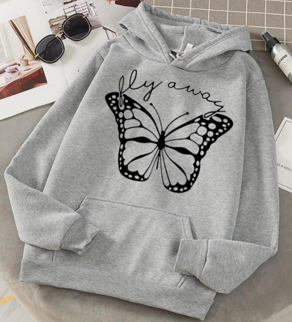 Fly Always Butterfly Grey Fleece Full Sleeves Pull Over Hoodie For Women - HB INDUSTRIES - Hoodies & Sweatshirts - 