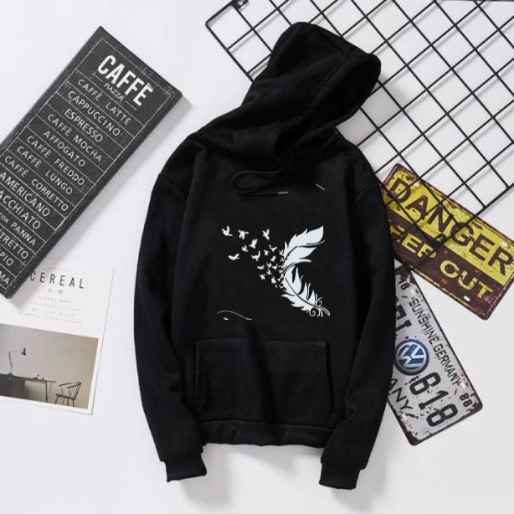 Flying Leaf Printed Black Fleece Full Sleeves Pull Over Hoodie For Women - HB INDUSTRIES - Hoodies & Sweatshirts - 