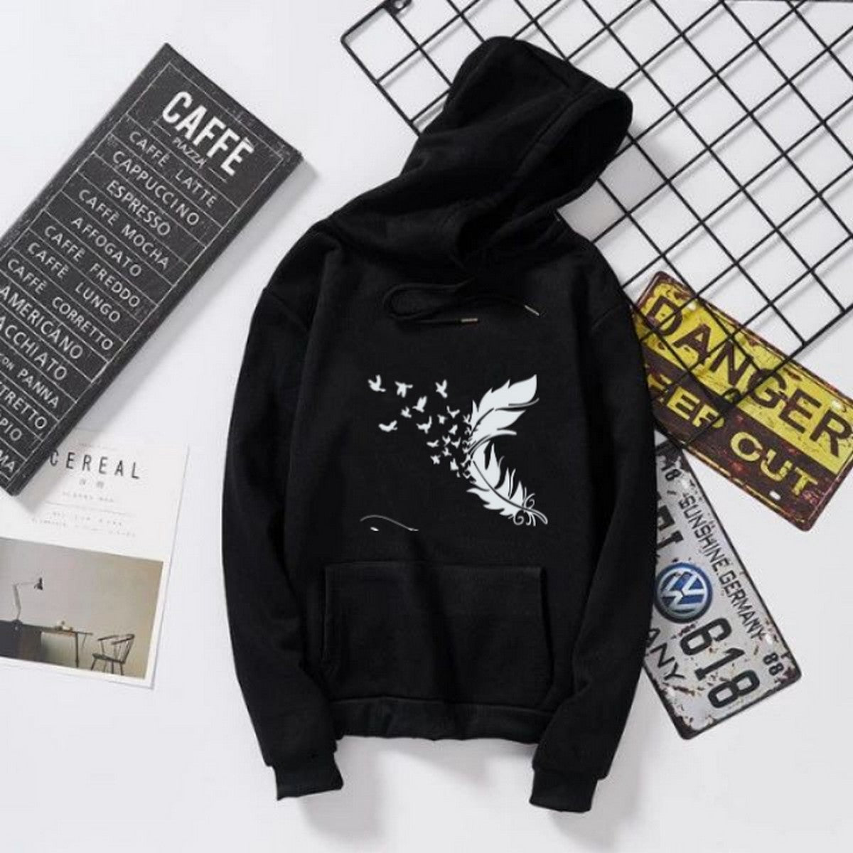 Flying Leaf Printed Black Fleece Full Sleeves Pull Over Hoodie For Women - HB INDUSTRIES - Hoodies & Sweatshirts - 