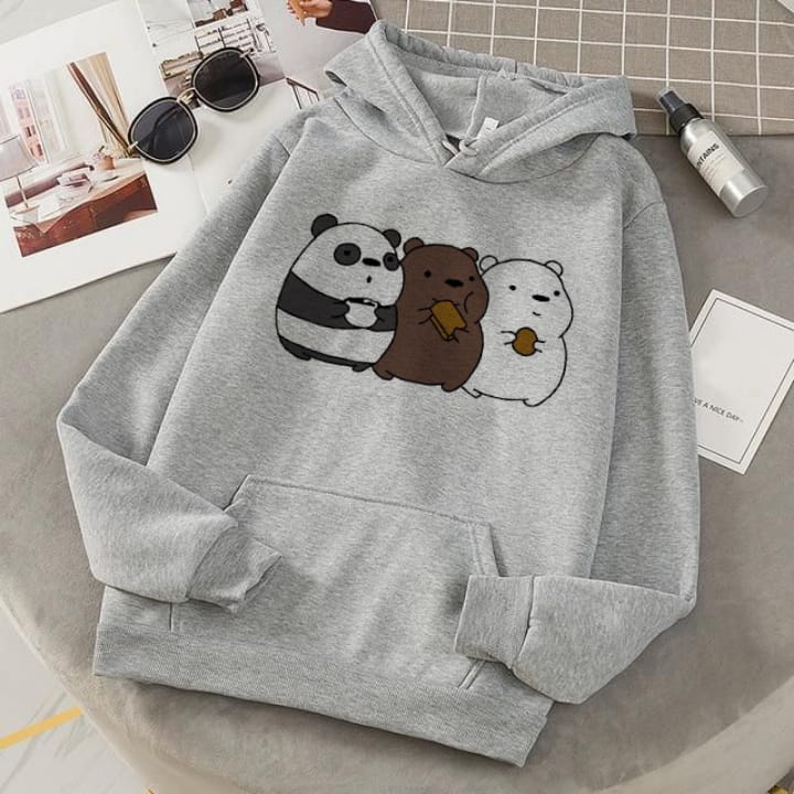 Grey Bare Bears Printed Fleece Full Sleeves Pull Over Hoodie For Women - HB INDUSTRIES - Hoodies & Sweatshirts - 