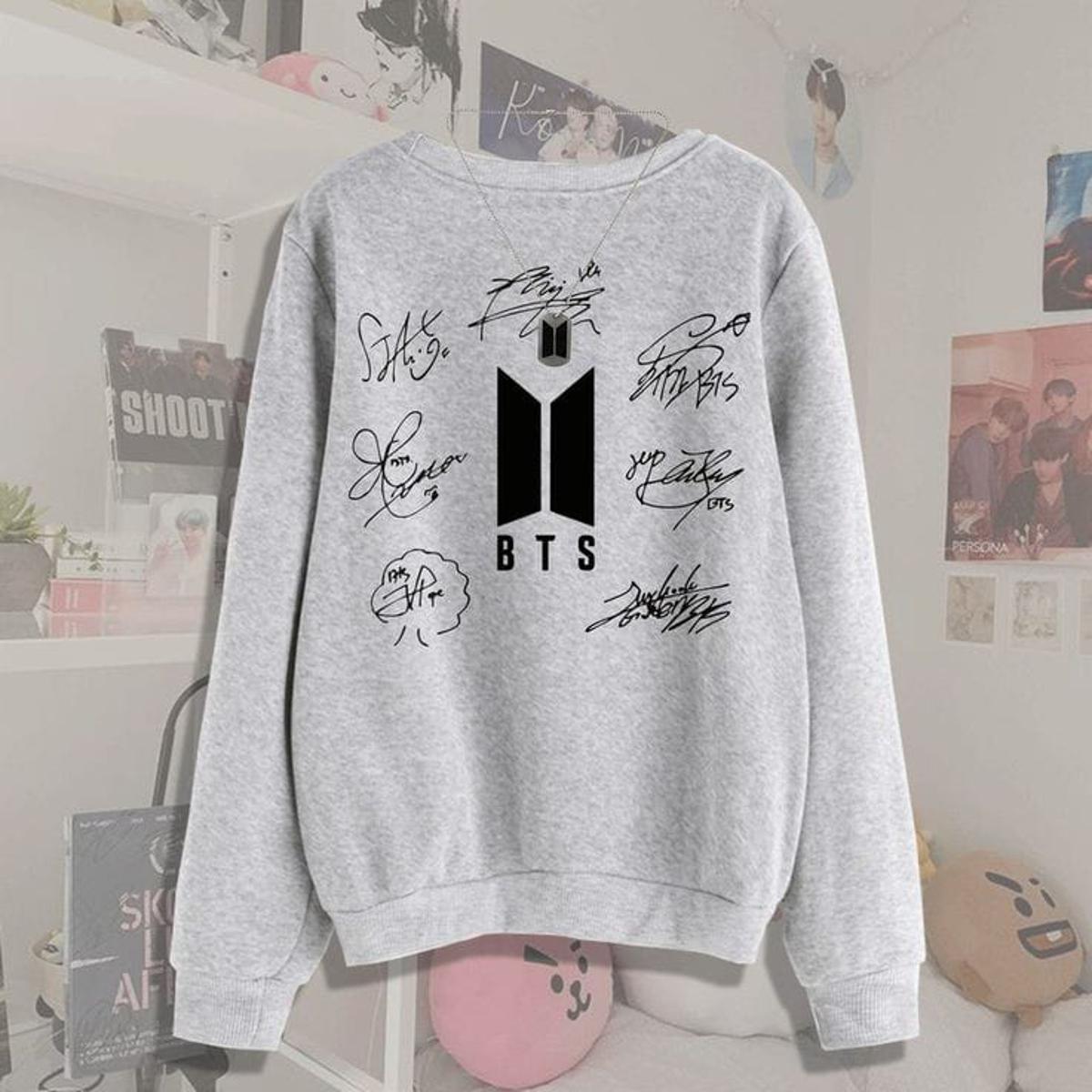 Grey Bts Signature All Members Fleece Full Sleeves Sweatshirt For Women - HB INDUSTRIES - Hoodies & Sweatshirts - 