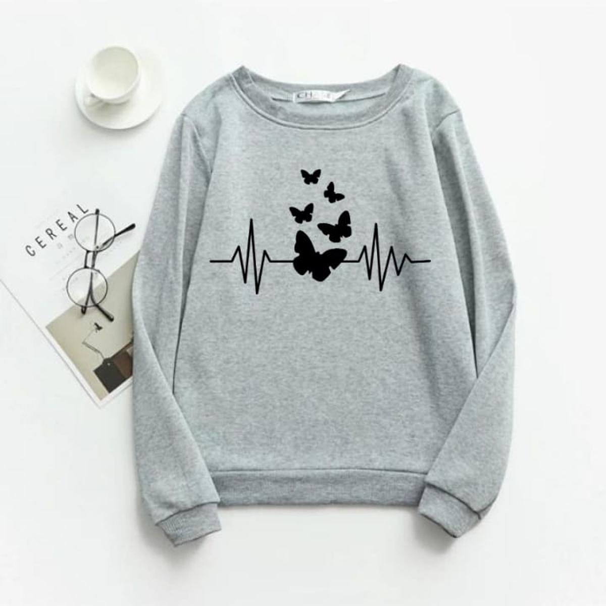 Grey Butterfly Fleece Full Sleeves Sweatshirt For Women - HB INDUSTRIES - Hoodies & Sweatshirts - 