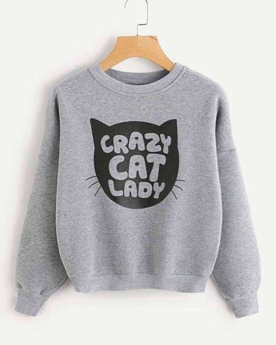 Grey Crazy Cat Lady Printed Sweat Shirt For Women - HB INDUSTRIES - Hoodies & Sweatshirts - 
