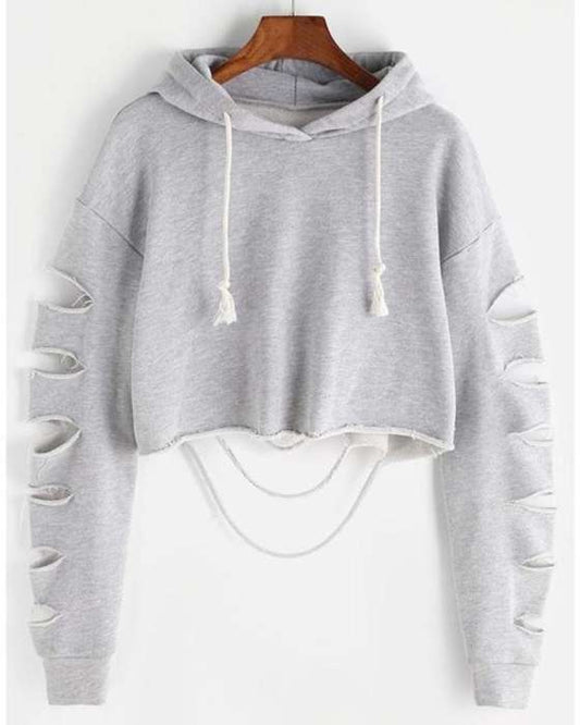 GREY DAMAGE CROPPED HOODIE FOR womens - HB INDUSTRIES - Hoodies & Sweatshirts - 