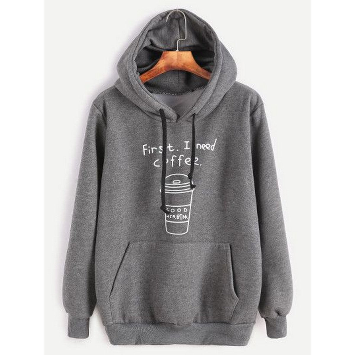 Grey First I Need Coffee Printed Fleece Full Sleeves Pull Over Sweatshirt For Women - HB INDUSTRIES - Hoodies & Sweatshirts - 
