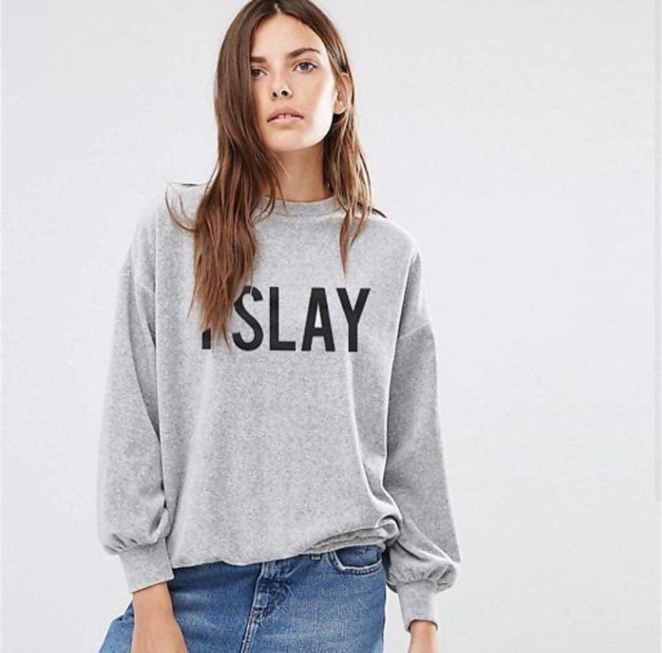 Grey I Slay Fleece Full Sleeves Pull Over Sweatshirt For Women - HB INDUSTRIES - Hoodies & Sweatshirts - 