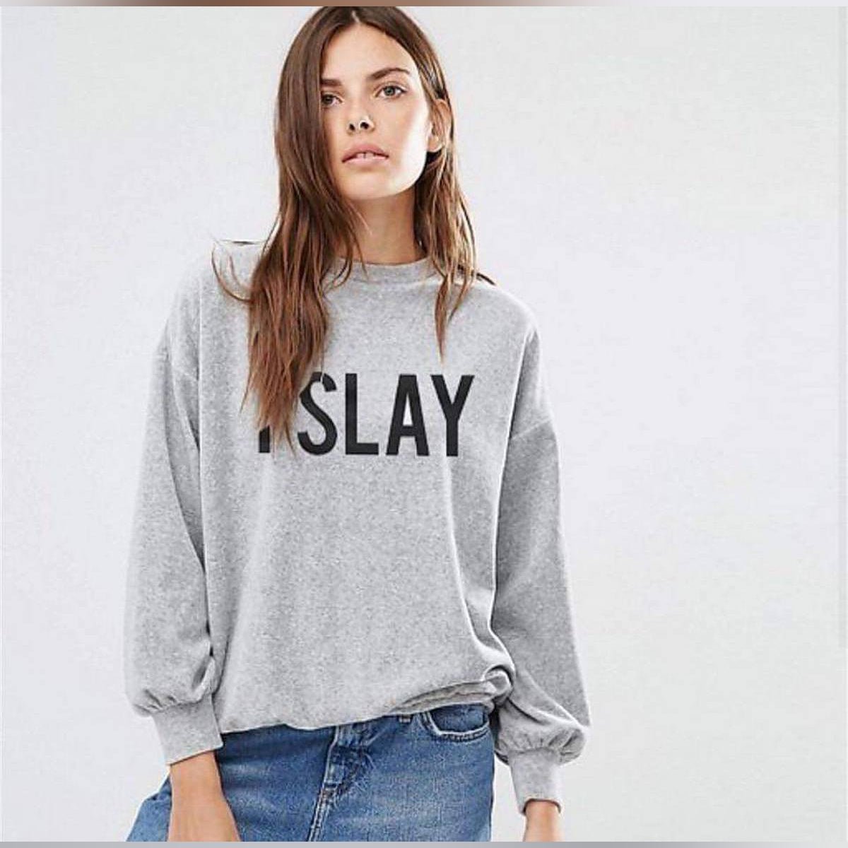 Grey I Slay Fleece Full Sleeves Pull Over Sweatshirt For Women - HB INDUSTRIES - Hoodies & Sweatshirts - 