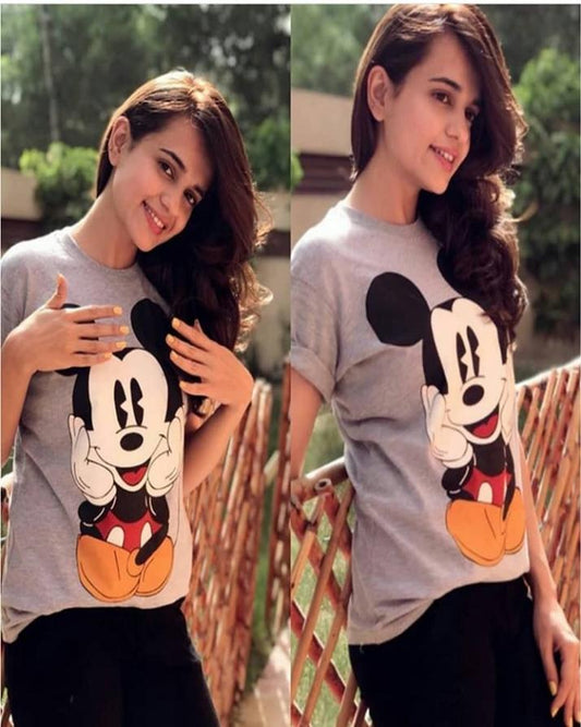 Grey Micky Cotton Printed T - Shirt For Women - HB INDUSTRIES - Tops & T - Shirts - 