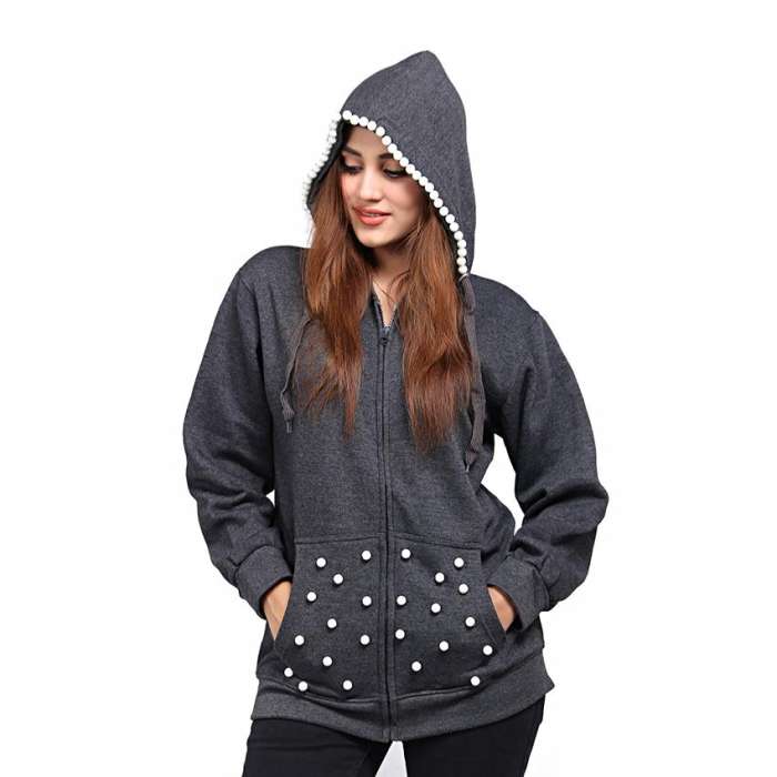 Grey Pearl Hood Embellished Zipper Hoodie For Women - HB INDUSTRIES - Hoodies & Sweatshirts - 