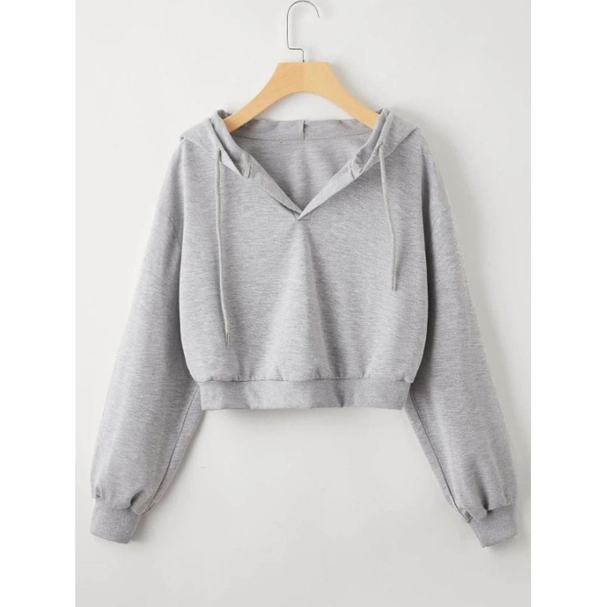 Grey Plain Fleece Full Sleeves Cropped Pull Over Hoodie For Women - HB INDUSTRIES - Hoodies & Sweatshirts - 