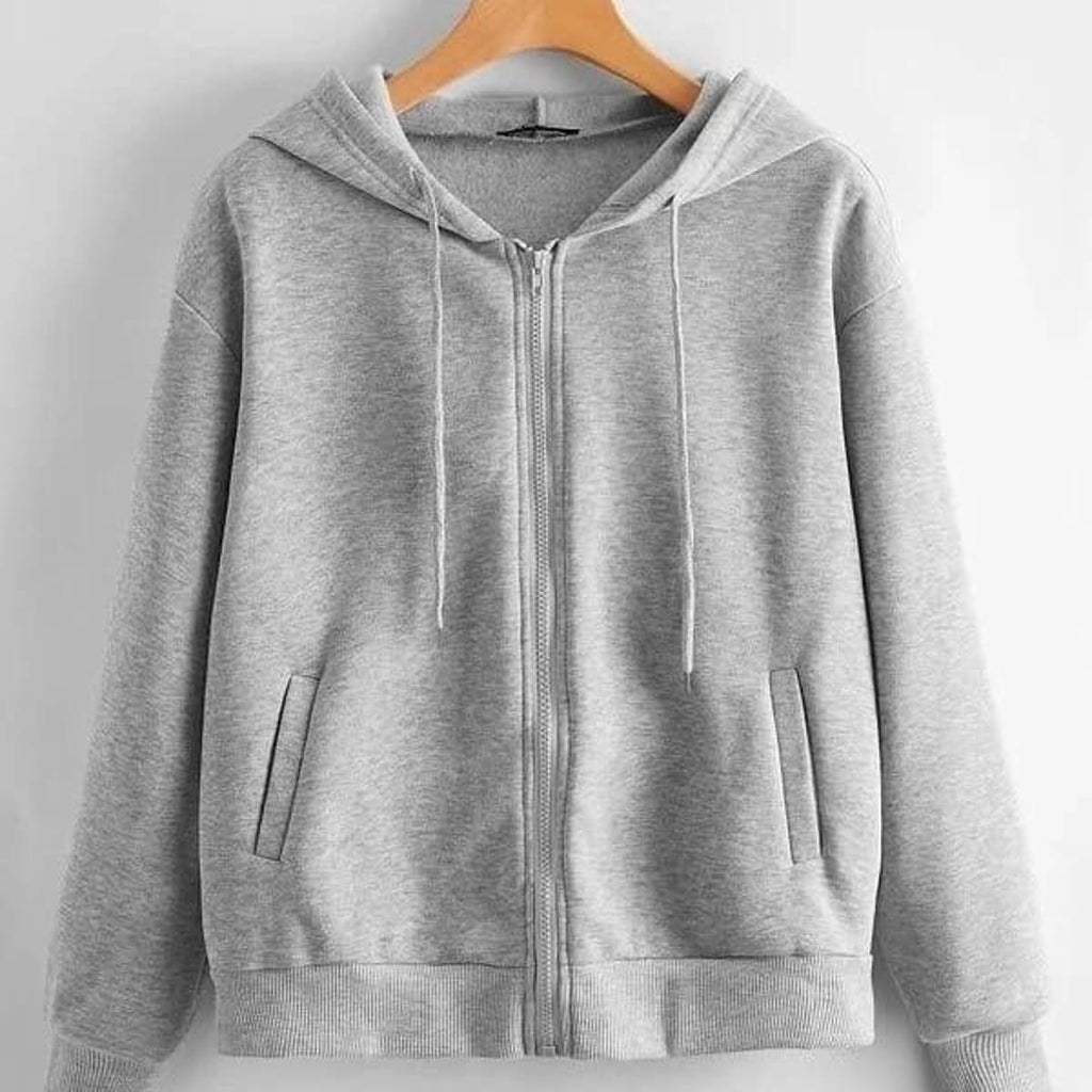 Grey Plain Fleece Full Sleeves Zipper Hoodie For Women - HB INDUSTRIES - Hoodies & Sweatshirts - 