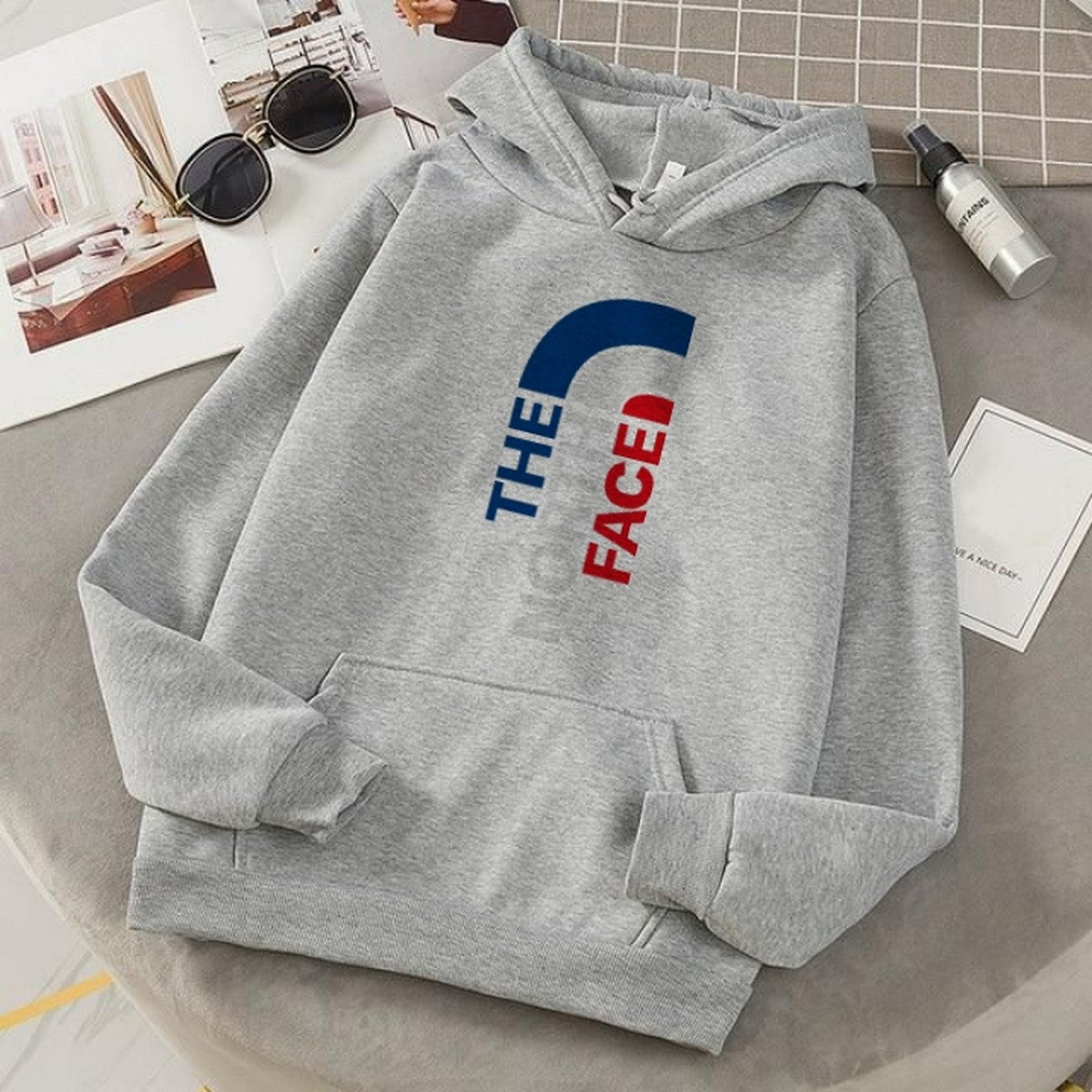 Grey The North Face Printed Fleece Full Sleeves Pull Over Hoodie For Men - HB INDUSTRIES - Hoodie & Sweatshirt - 