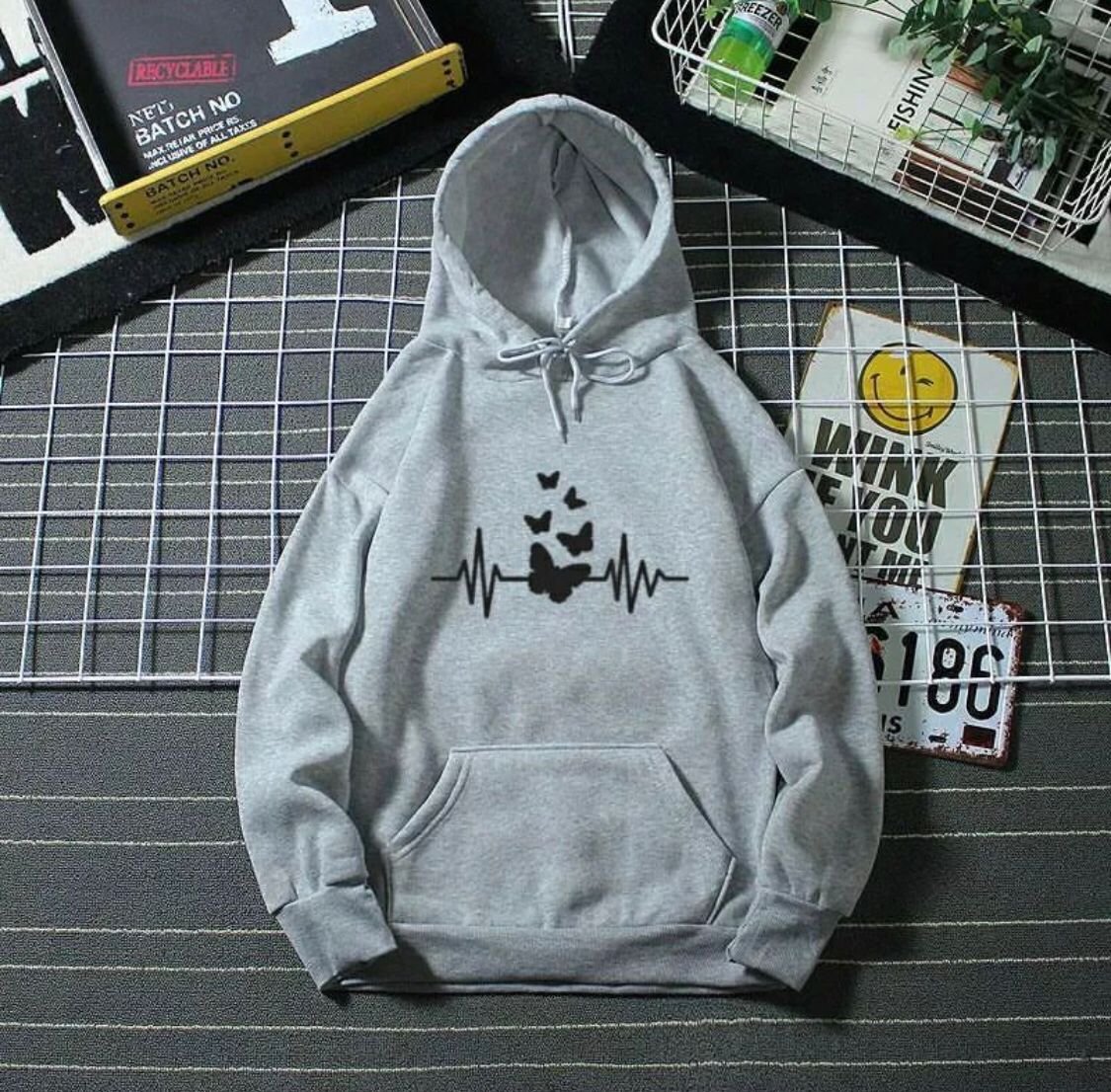 Heartbeat Butterfly Printed Fleece Full Sleeves Pull Over Hoodie - HB INDUSTRIES - Hoodies & Sweatshirts - 