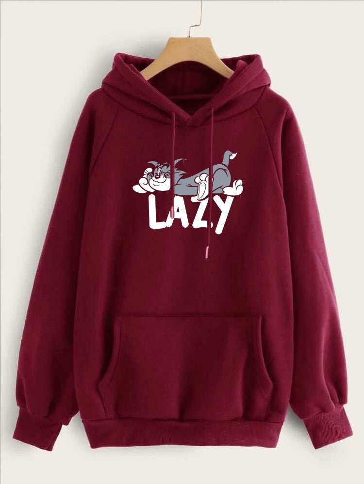Lazy Tom Printed Fleece Full Sleeves Pull Over Hoodie For Women - HB INDUSTRIES - Hoodies & Sweatshirts - 