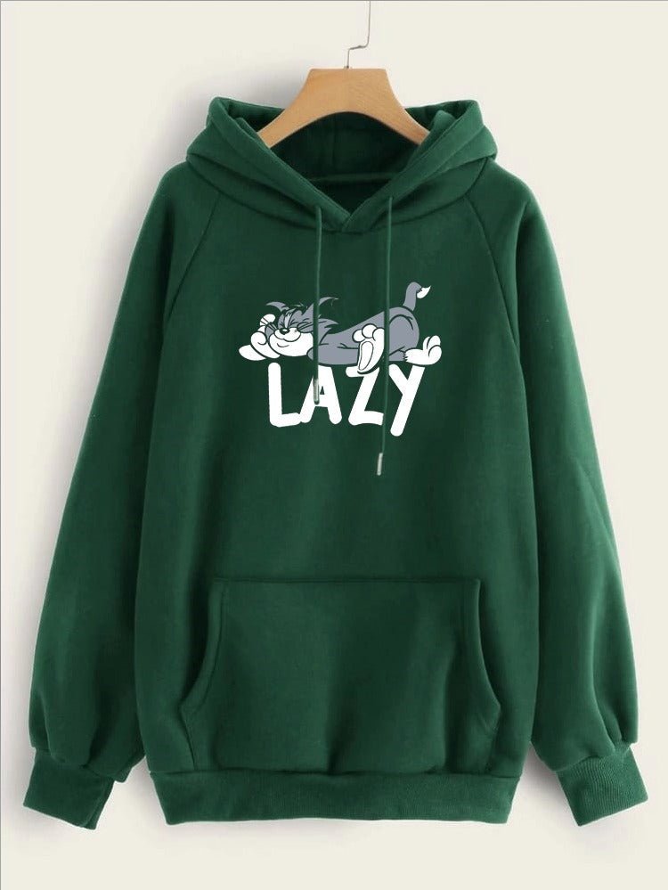 Lazy Tom Printed Fleece Full Sleeves Pull Over Hoodie For Women - HB INDUSTRIES - Hoodies & Sweatshirts - 