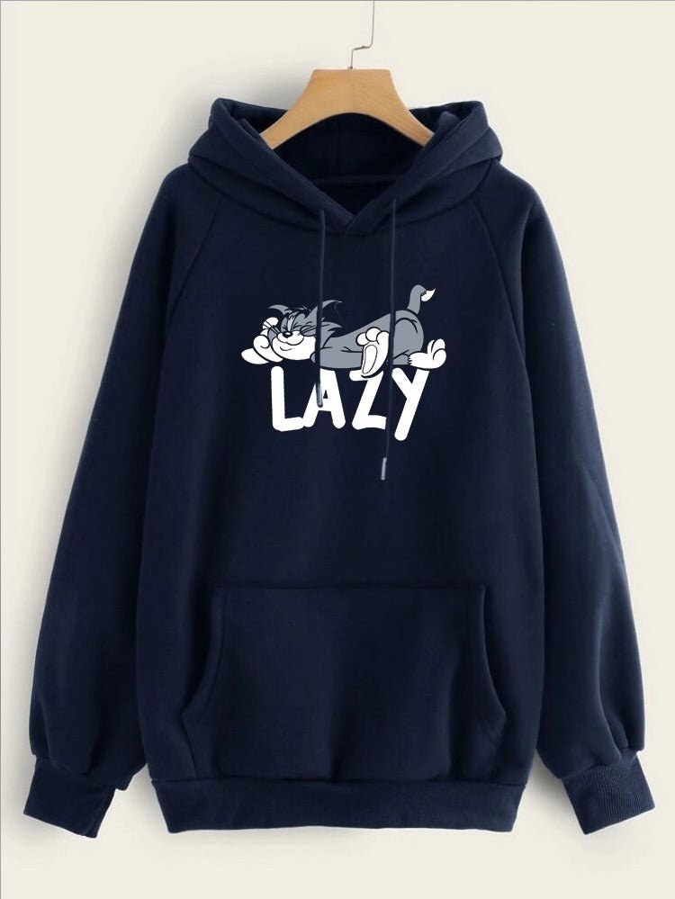 Lazy Tom Printed Fleece Full Sleeves Pull Over Hoodie For Women - HB INDUSTRIES - Hoodies & Sweatshirts - 