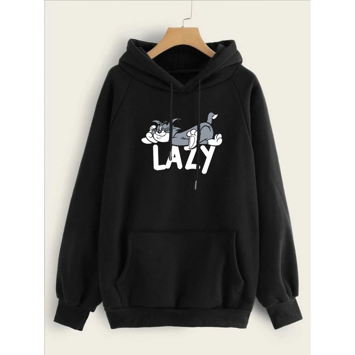 Lazy Tom Printed Fleece Full Sleeves Pull Over Hoodie For Women - HB INDUSTRIES - Hoodies & Sweatshirts - 