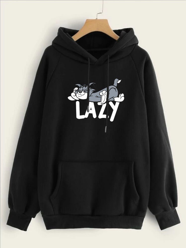Lazy Tom Printed Fleece Full Sleeves Pull Over Hoodie For Women - HB INDUSTRIES - Hoodies & Sweatshirts - 
