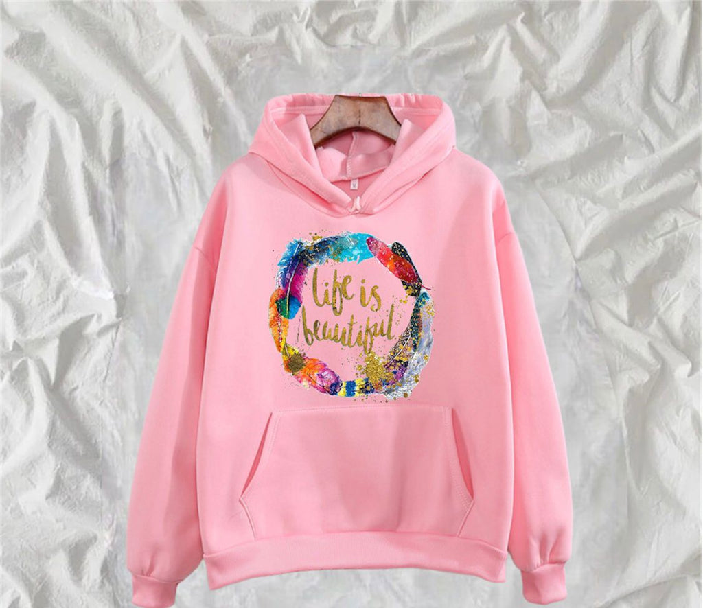 Life Is Beautiful Printed Fleece Full Sleeves Pull Over Hoodie For Women - HB INDUSTRIES - Hoodies & Sweatshirts - 