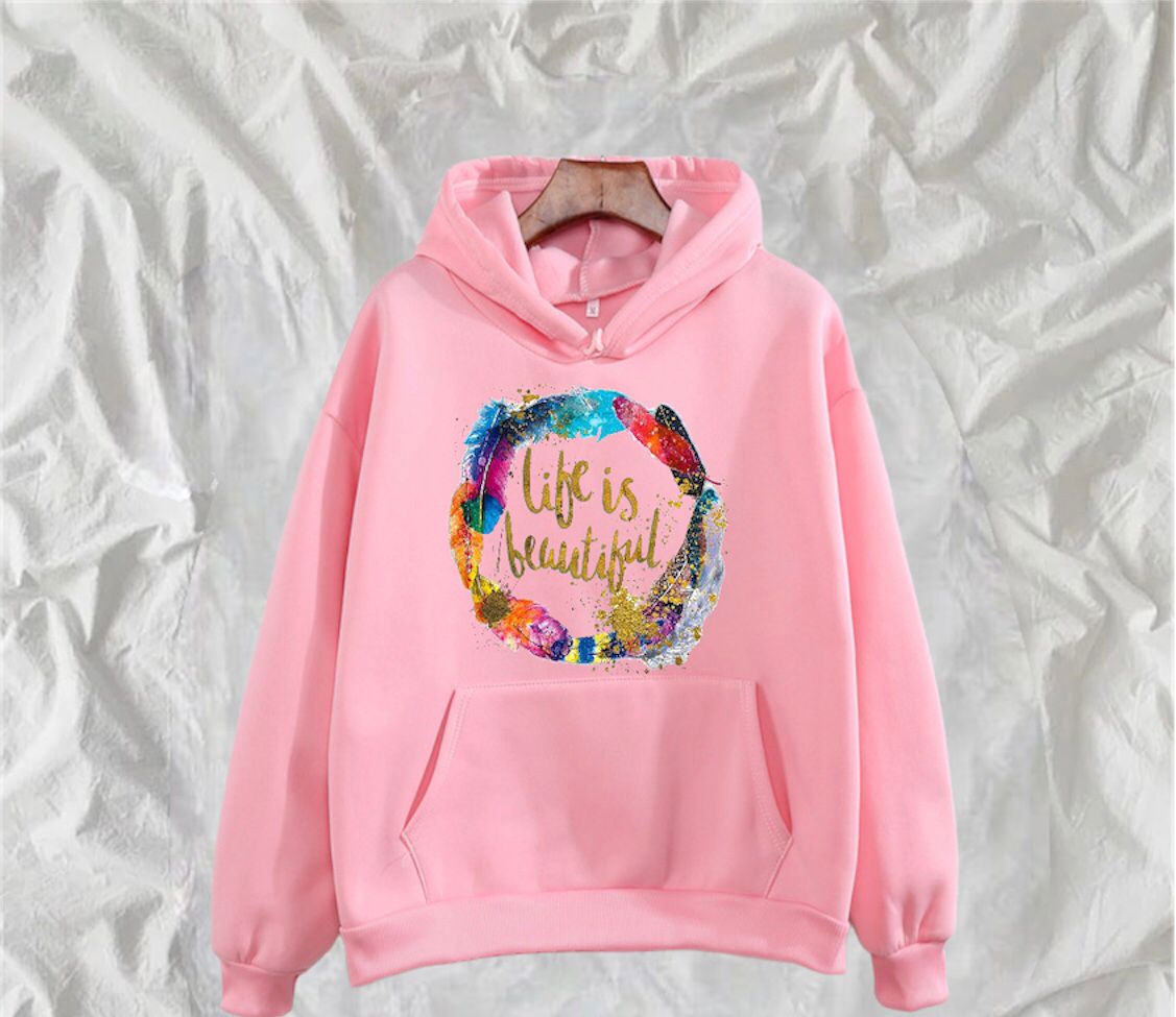 Life Is Beautiful Printed Fleece Full Sleeves Pull Over Hoodie For Women - HB INDUSTRIES - Hoodies & Sweatshirts - 