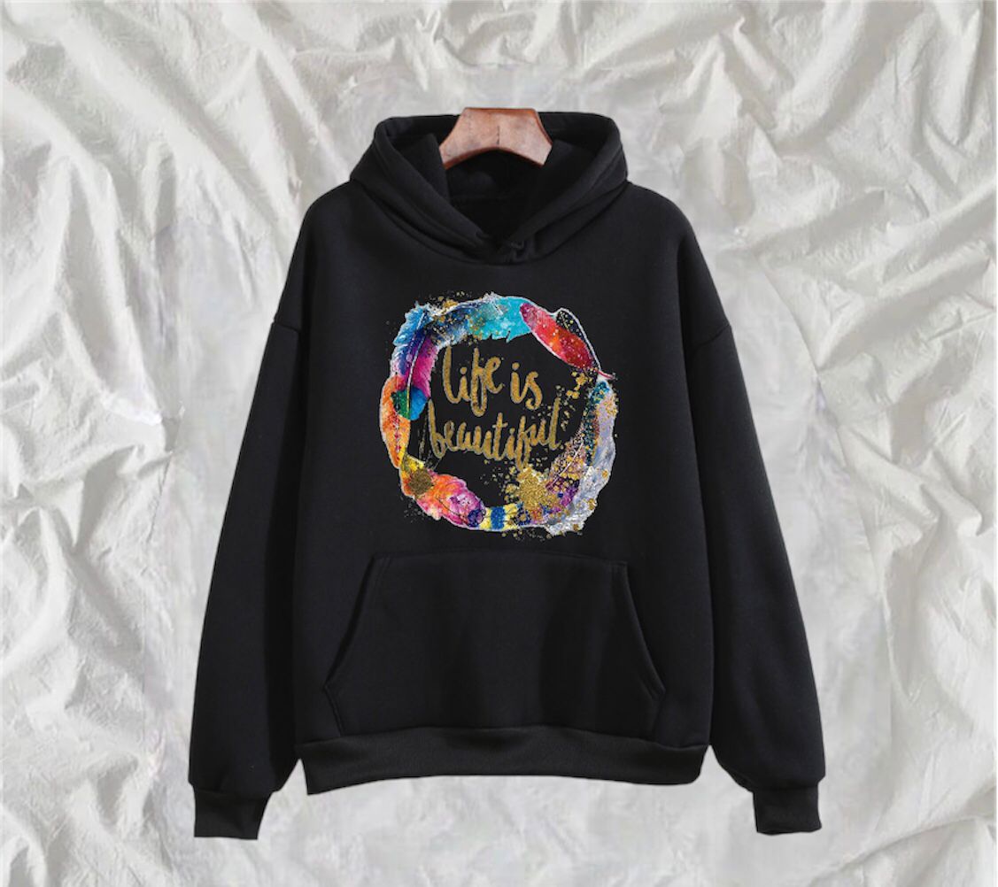 Life Is Beautiful Printed Fleece Full Sleeves Pull Over Hoodie For Women - HB INDUSTRIES - Hoodies & Sweatshirts - 