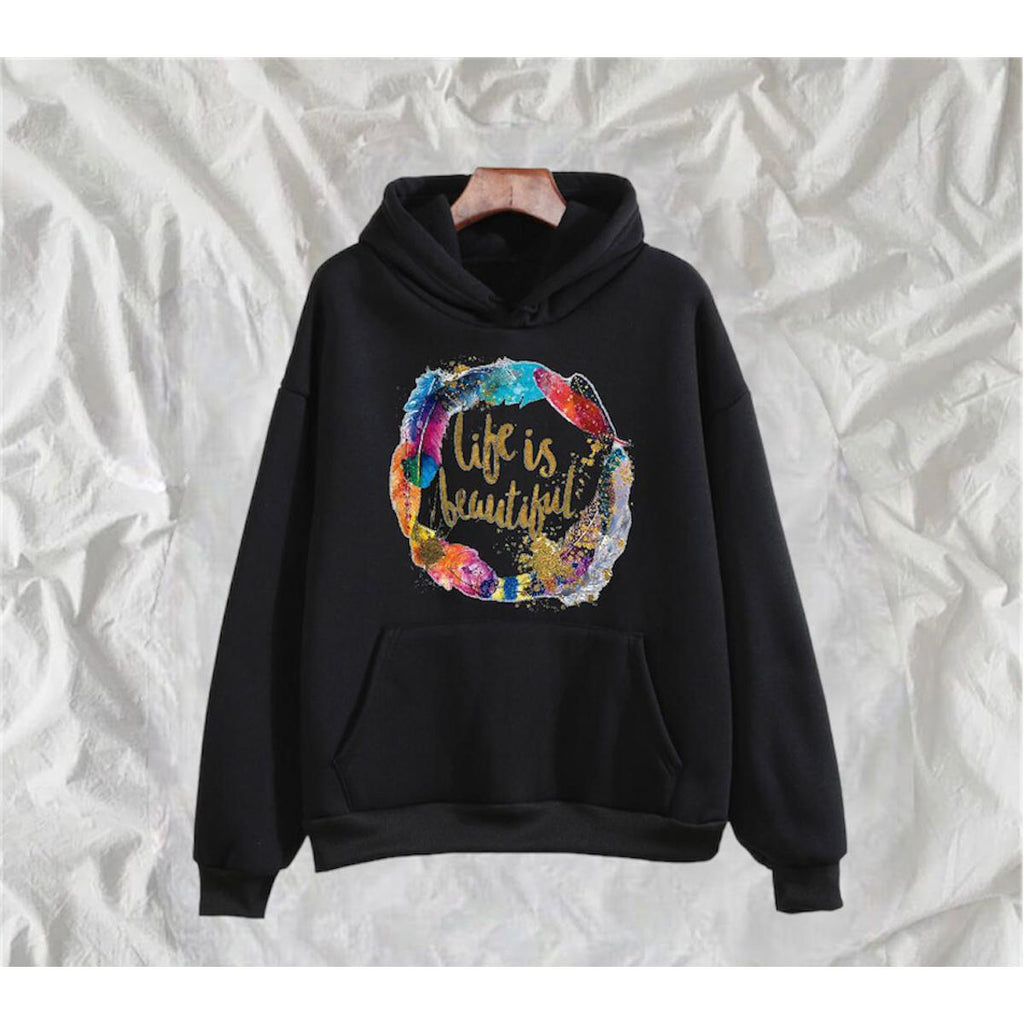 Life Is Beautiful Printed Fleece Full Sleeves Pull Over Hoodie For Women - HB INDUSTRIES - Hoodies & Sweatshirts - 