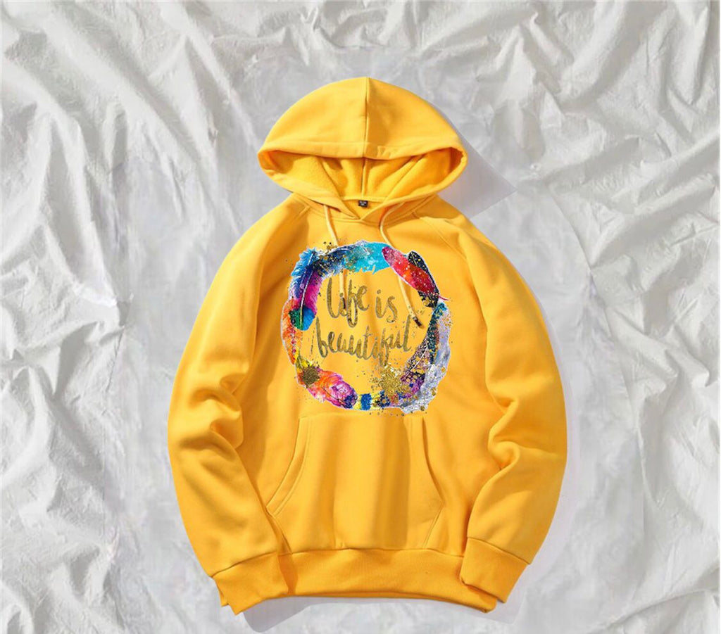 Life Is Beautiful Printed Fleece Full Sleeves Pull Over Hoodie For Women - HB INDUSTRIES - Hoodies & Sweatshirts - 
