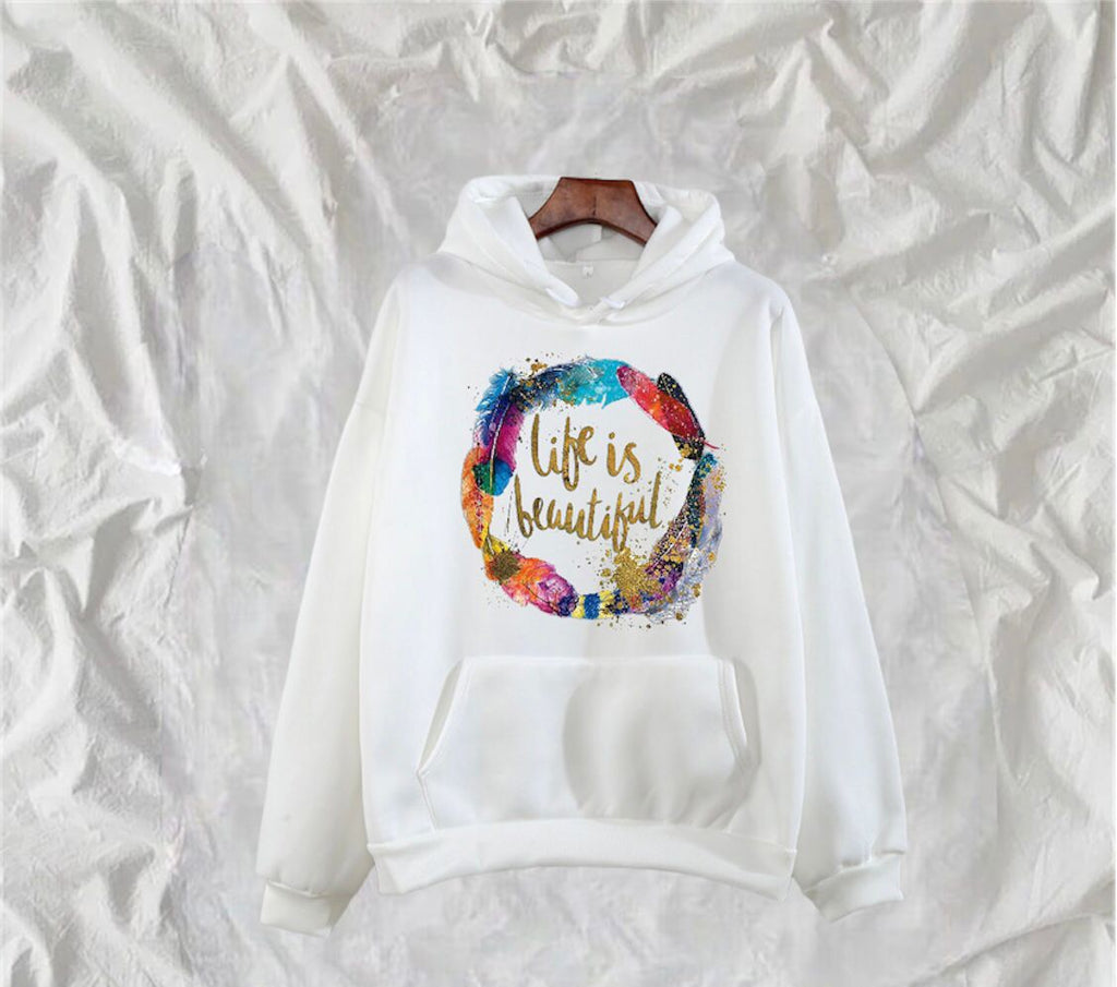 Life Is Beautiful Printed Fleece Full Sleeves Pull Over Hoodie For Women - HB INDUSTRIES - Hoodies & Sweatshirts - 