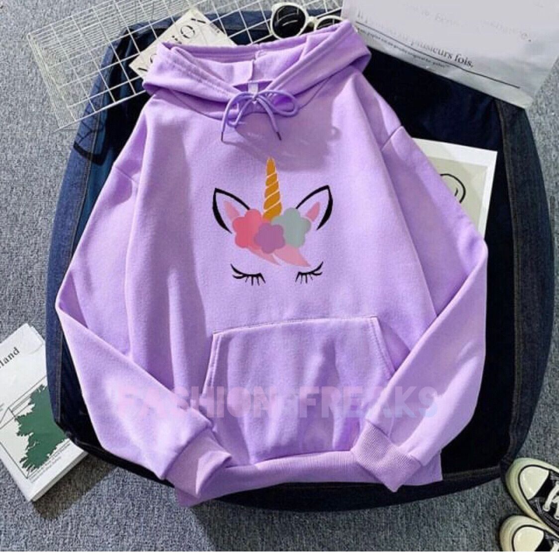 Light Purple Unicorn Printed Fleece Full Sleeves Pull Over Hoodie For Women - HB INDUSTRIES - Hoodies & Sweatshirts - 