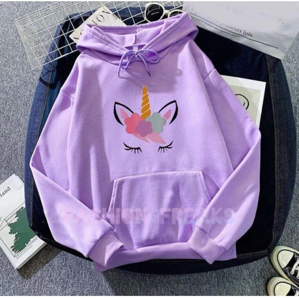 Light Purple Unicorn Printed Fleece Full Sleeves Pull Over Hoodie For Women - HB INDUSTRIES - Hoodies & Sweatshirts - 