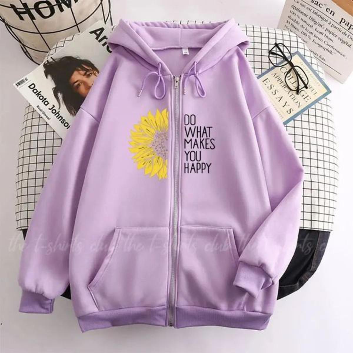 Lilac Do what Makes you Happy Fleece Full Seeves Zipper Hoodie For Women - HB INDUSTRIES - Hoodies & Sweatshirts - 