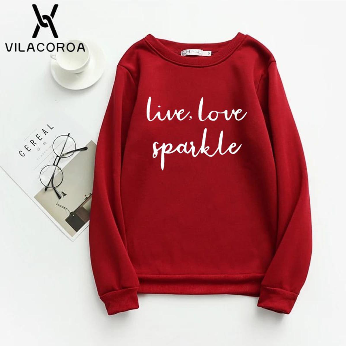 Live Love Sparkle Printed Fleece Full Sleeves Pull Over Sweatshirt For Women - HB INDUSTRIES - Hoodies & Sweatshirts - 