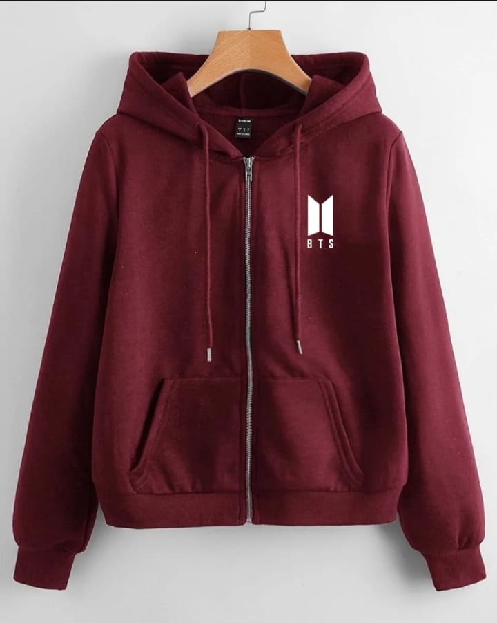 Maroon BTS Fleece Full Sleeves Zipper Hoodie For Women - HB INDUSTRIES - Hoodies & Sweatshirts - 