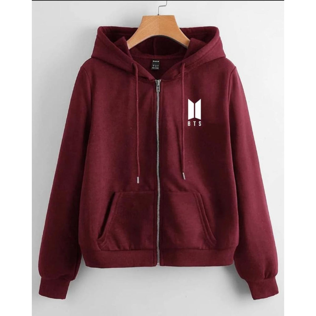 Maroon BTS Fleece Full Sleeves Zipper Hoodie For Women - HB INDUSTRIES - Hoodies & Sweatshirts - 