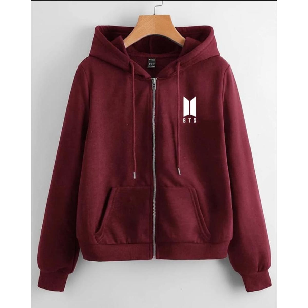 Maroon BTS Fleece Full Sleeves Zipper Hoodie For Women - HB INDUSTRIES - Hoodies & Sweatshirts - 