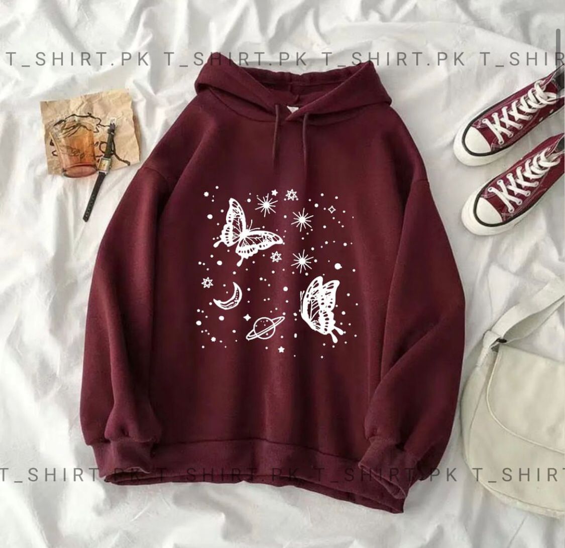 Maroon Butterfly & Stars Fleece Full Sleeves Pull Over Hoodie For Women - HB INDUSTRIES - Hoodies & Sweatshirts - 