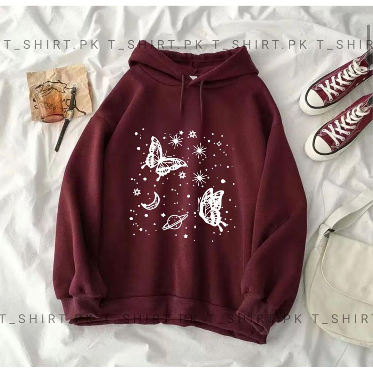 Maroon Butterfly & Stars Fleece Full Sleeves Pull Over Hoodie For Women - HB INDUSTRIES - Hoodies & Sweatshirts - 