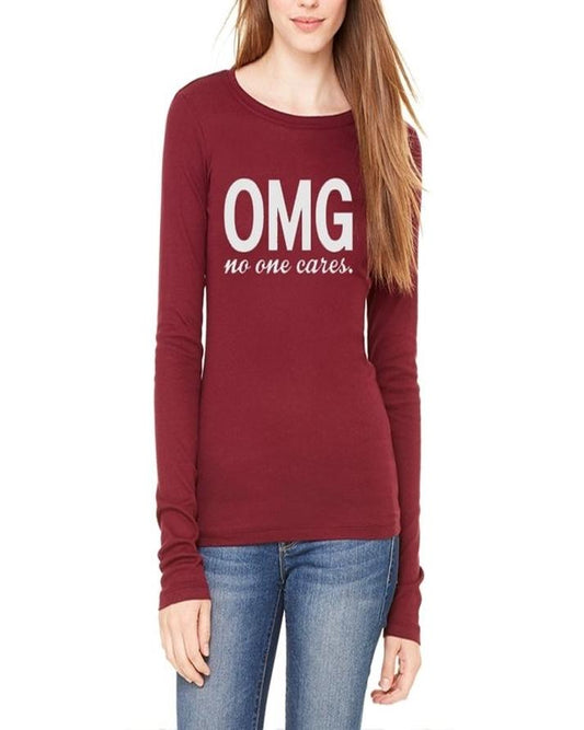 Maroon Cotton OMG No One Cares Printed T - Shirt For Her - HB INDUSTRIES - Tops & T - Shirts - 