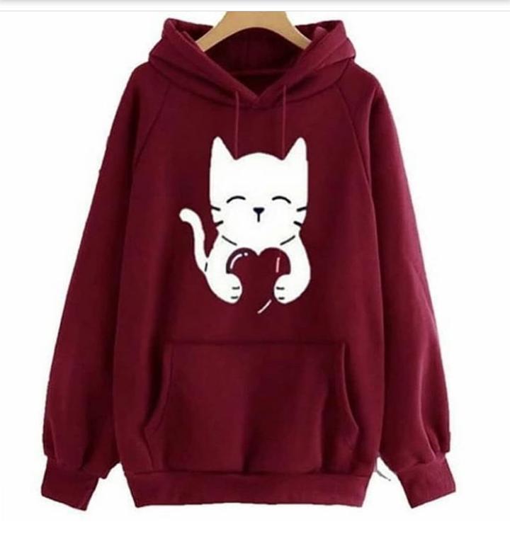 Maroon Cute Cat Printed Fleece Full Sleeves Pull Over Hoodie For Women - HB INDUSTRIES - Hoodies & Sweatshirts - 