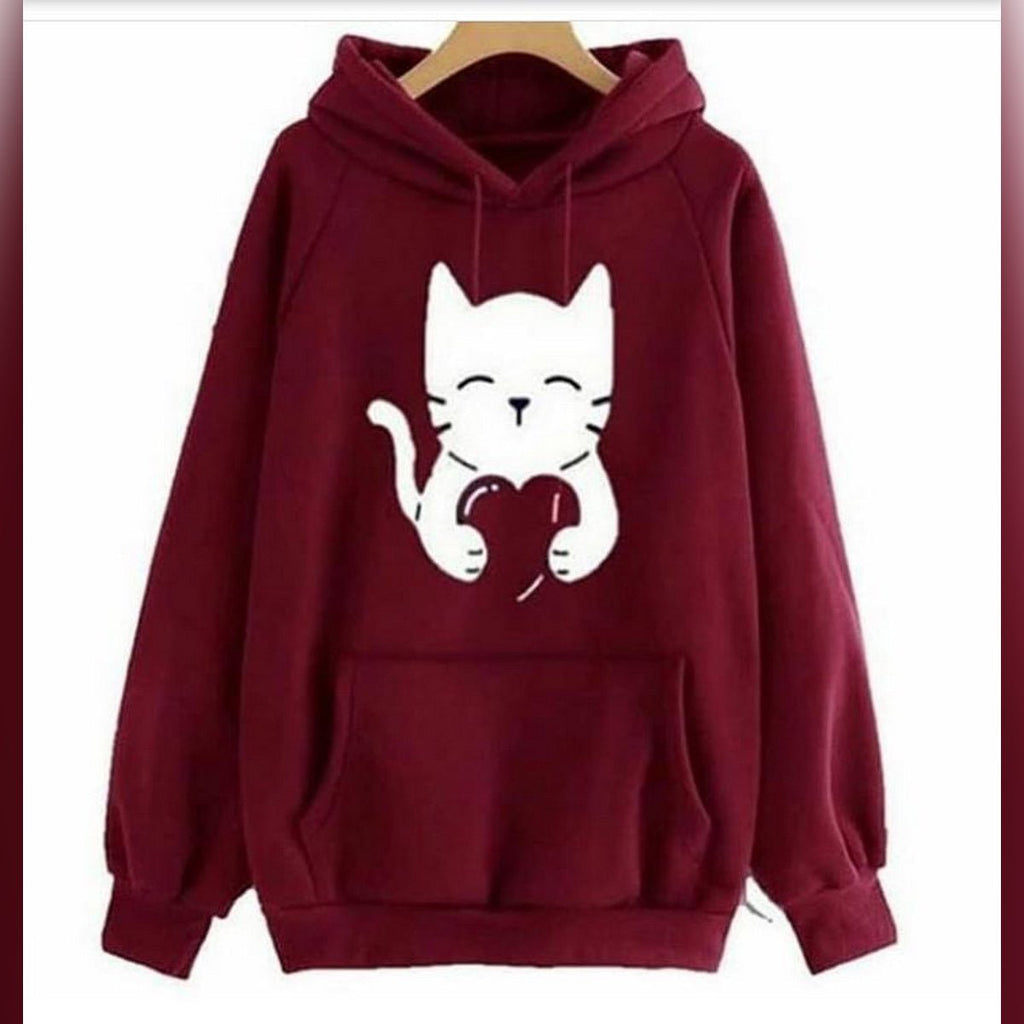 Maroon Cute Cat Printed Fleece Full Sleeves Pull Over Hoodie For Women - HB INDUSTRIES - Hoodies & Sweatshirts - 