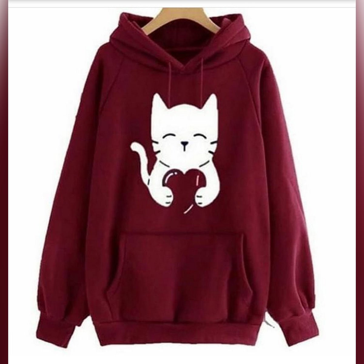 Maroon Cute Cat Printed Fleece Full Sleeves Pull Over Hoodie For Women - HB INDUSTRIES - Hoodies & Sweatshirts - 