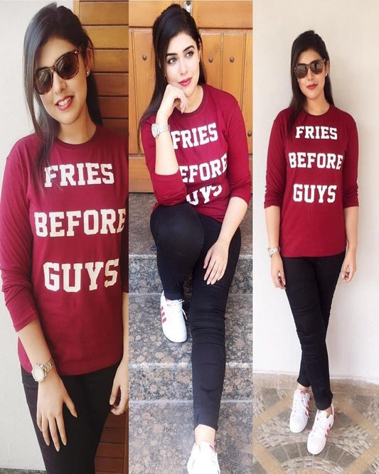 Maroon Fries Before Guys Printed T - Shirt For Women - HB INDUSTRIES - Tops & T - Shirts - 