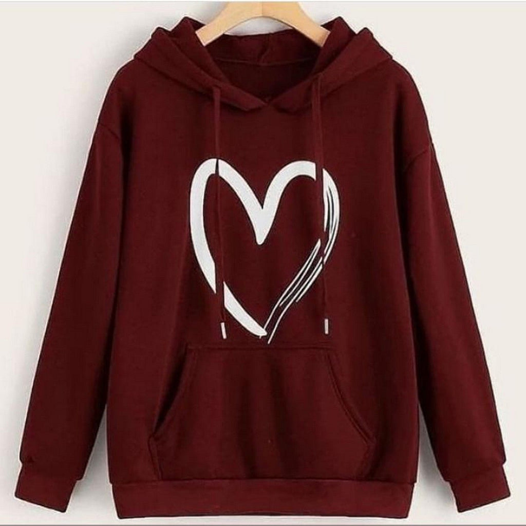 Maroon Heart Printed Fleece Full Sleeves Pull Over Hoodie For Women - HB INDUSTRIES - Hoodies & Sweatshirts - 