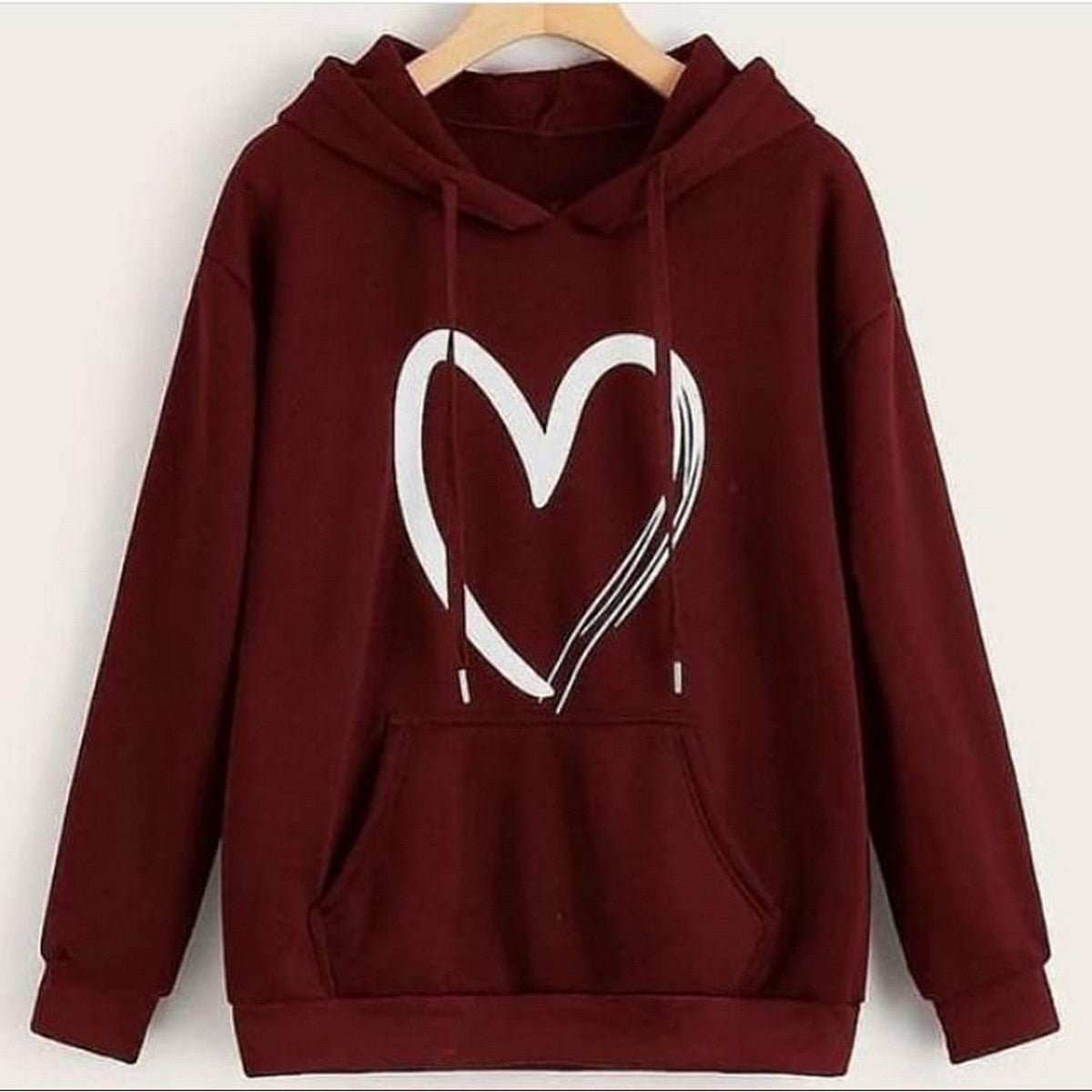 Maroon Heart Printed Fleece Full Sleeves Pull Over Hoodie For Women - HB INDUSTRIES - Hoodies & Sweatshirts - 