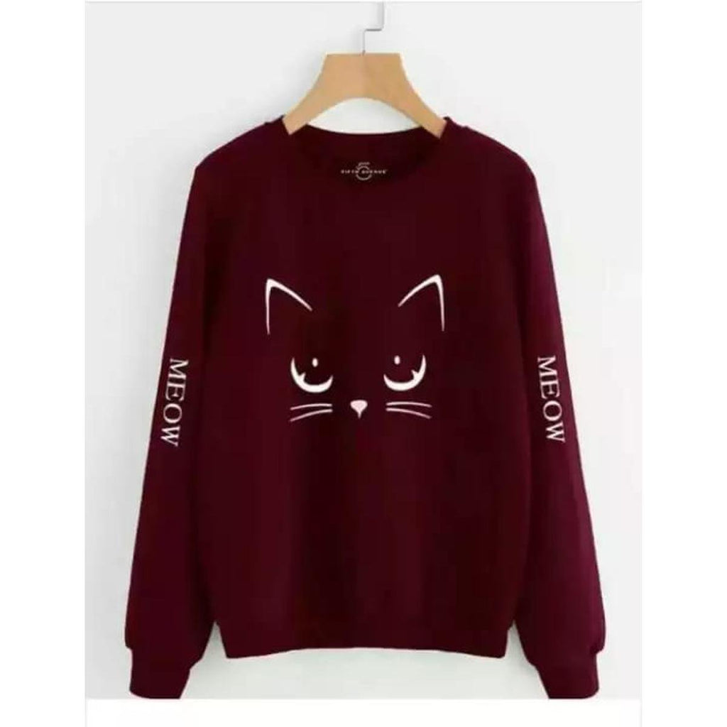 Maroon Meow Fleece Full Sleeves Pull Over Sweatshirt For Women - HB INDUSTRIES - Hoodies & Sweatshirts - 