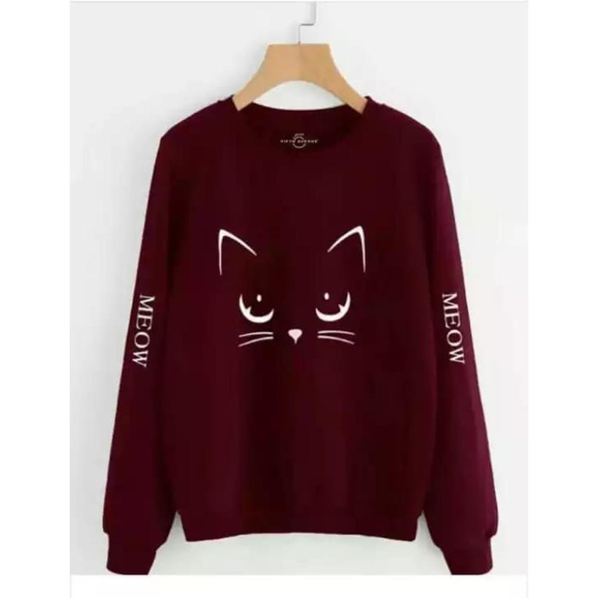 Maroon Meow Fleece Full Sleeves Pull Over Sweatshirt For Women - HB INDUSTRIES - Hoodies & Sweatshirts - 