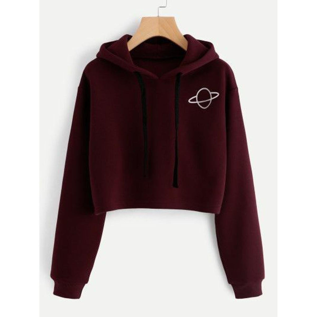 Maroon Planet Printed Fleece Full Sleeves Cropped Pull Over Hoodie For Women - HB INDUSTRIES - Hoodies & Sweatshirts - 